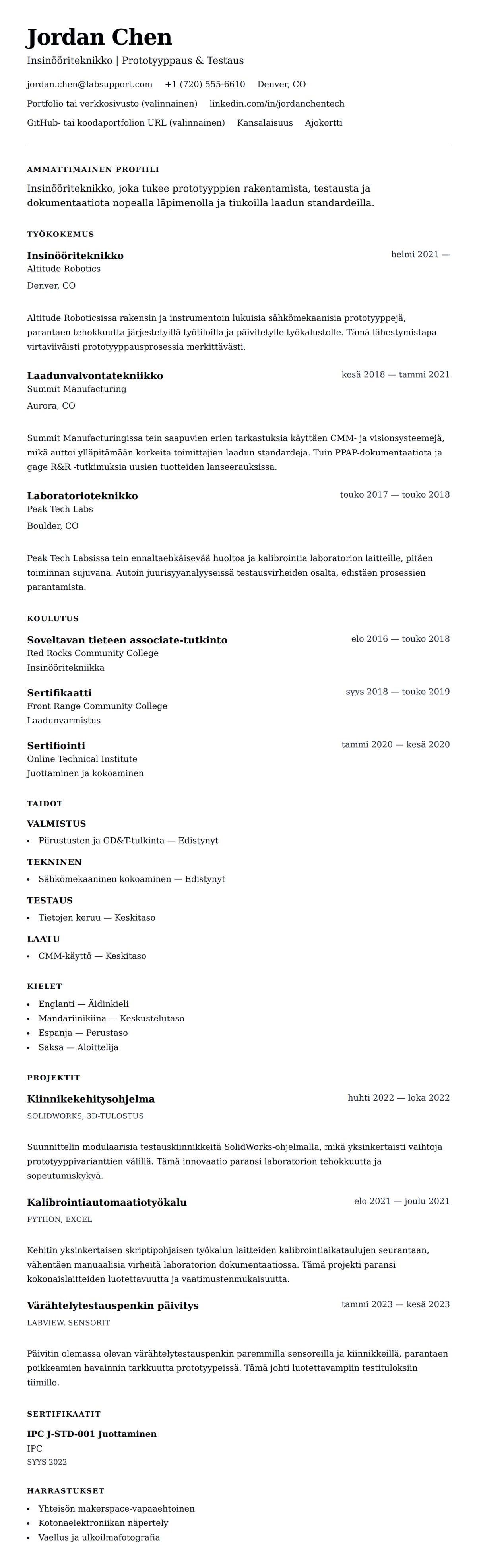 Ansioluetteloesikatselu kohteelle Teknikon ansioluetteloesimerkki