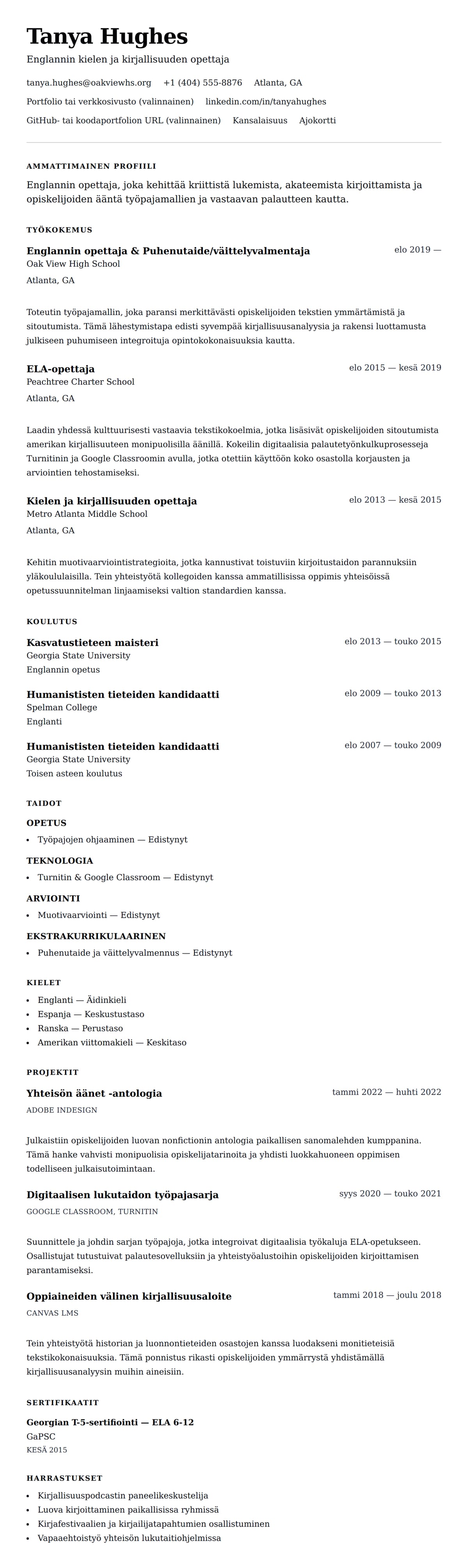 Ansioluetteloesikatselu kohteelle Englannin opettajan ansioluetteloesimerkki