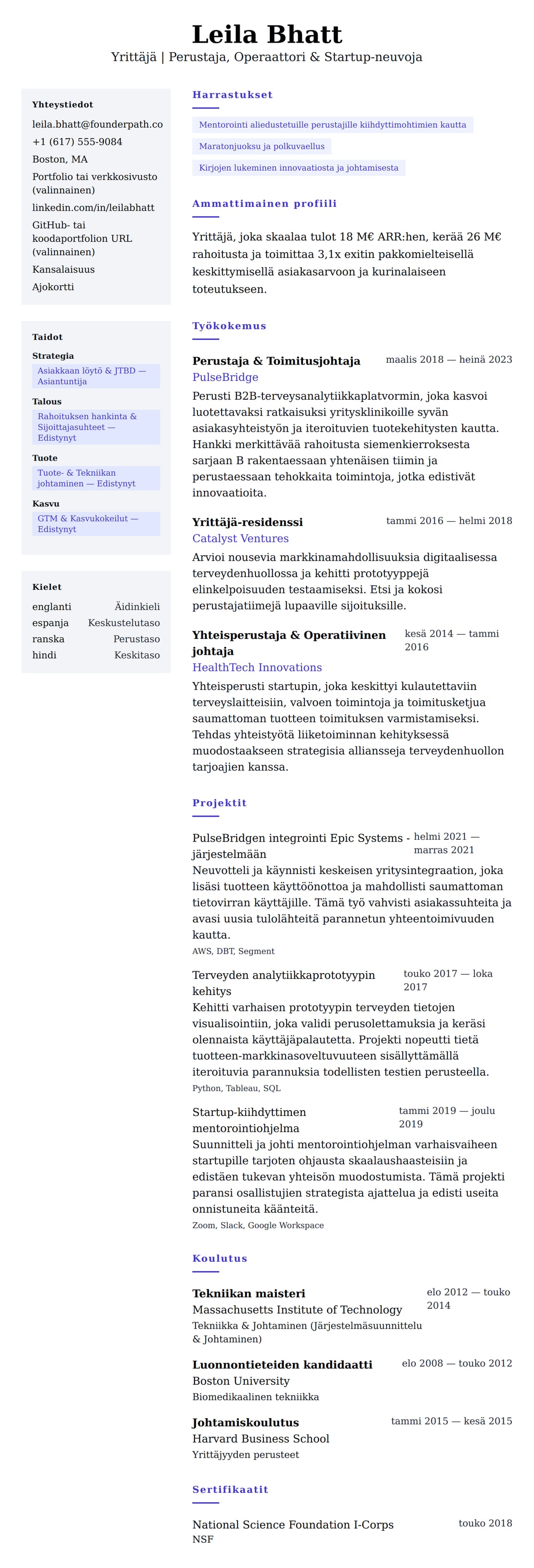 Ansioluetteloesikatselu kohteelle Yrittäjän ansioluetteloesimerkki