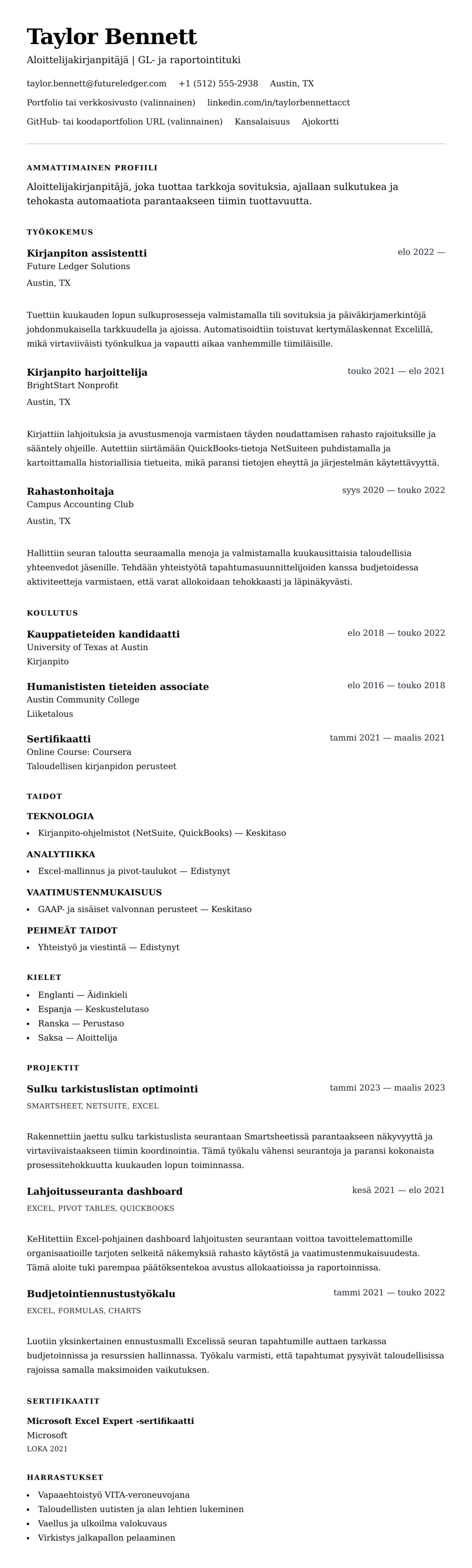 Ansioluetteloesikatselu kohteelle Aloittelijakirjanpitäjän ansioluetteloesimerkki