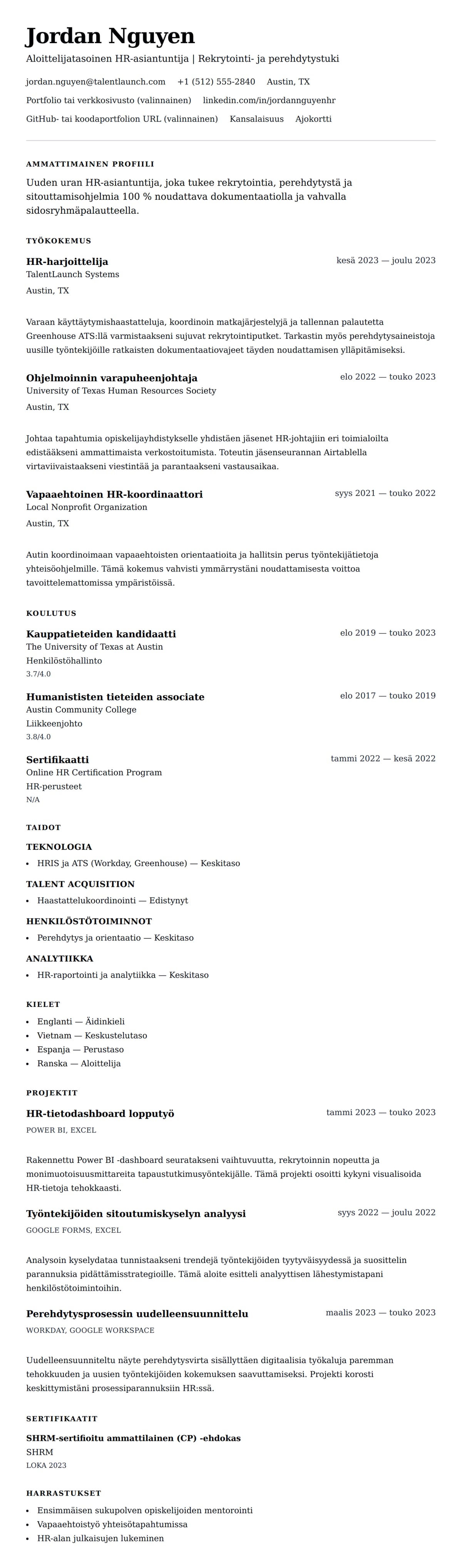 Ansioluetteloesikatselu kohteelle Aloittelijatasoisen HR-asiantuntijan ansioluetteloesimerkki