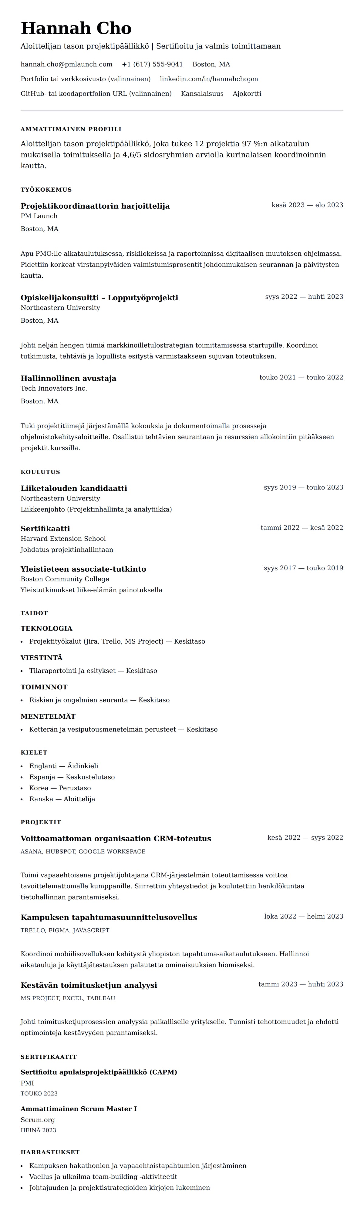 Ansioluetteloesikatselu kohteelle Aloittelijan tason projektipäällikön ansioluetteloesimerkki