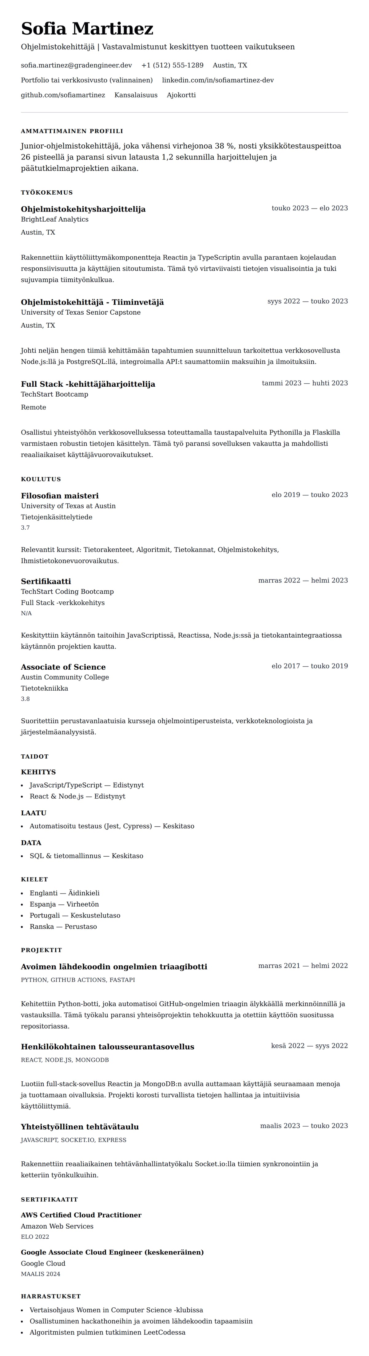 Ansioluetteloesikatselu kohteelle Junior-ohjelmistokehittäjän ansioluetteloesimerkki