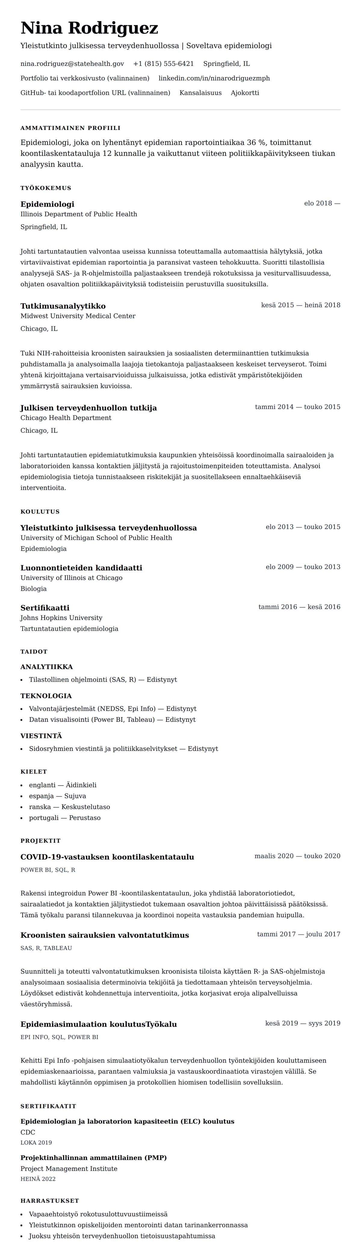 Ansioluetteloesikatselu kohteelle Epidemiologin ansioluetteloesimerkki