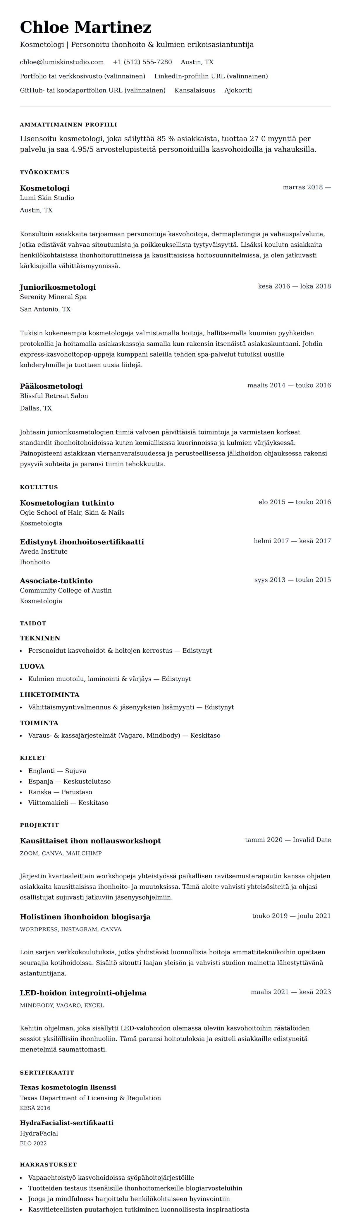 Ansioluetteloesikatselu kohteelle Kosmetologin ansioluetteloesimerkki