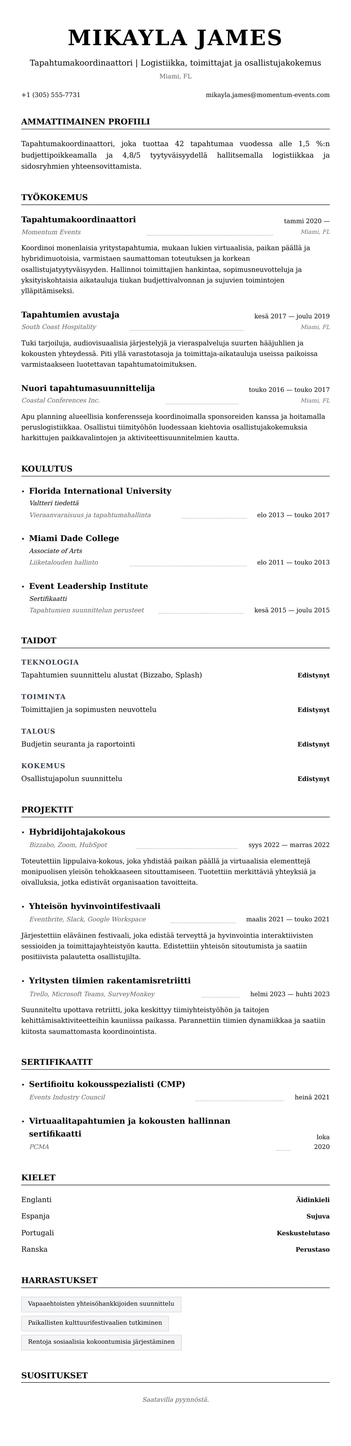 Ansioluetteloesikatselu kohteelle Tapahtumakoordinaattorin ansioluetteloesimerkki