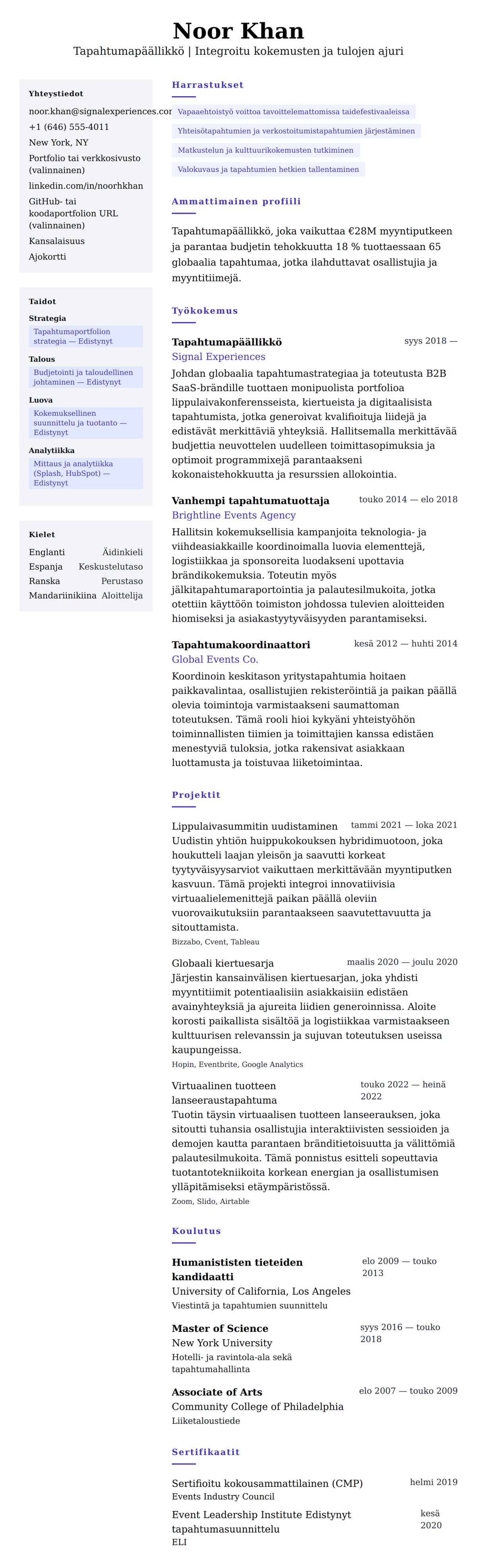 Ansioluetteloesikatselu kohteelle Tapahtumapäällikön ansioluettelo-esimerkki