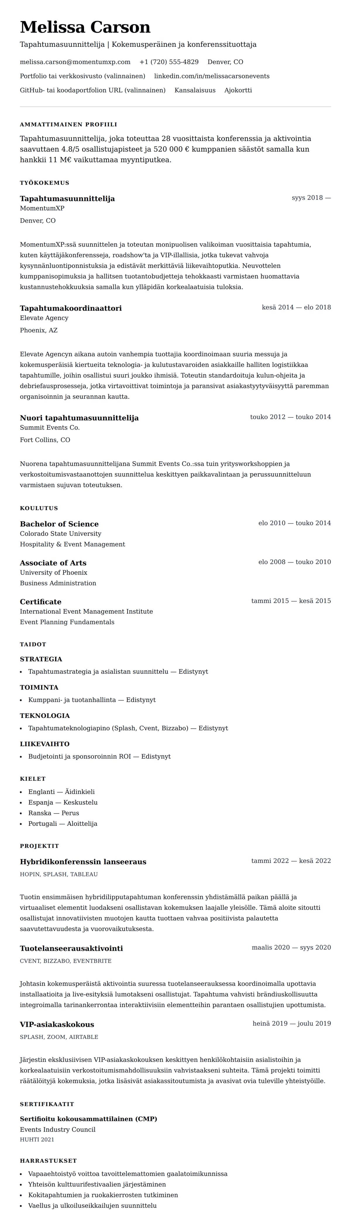 Ansioluetteloesikatselu kohteelle Tapahtumasuunnittelijan ansioluettelon esimerkki