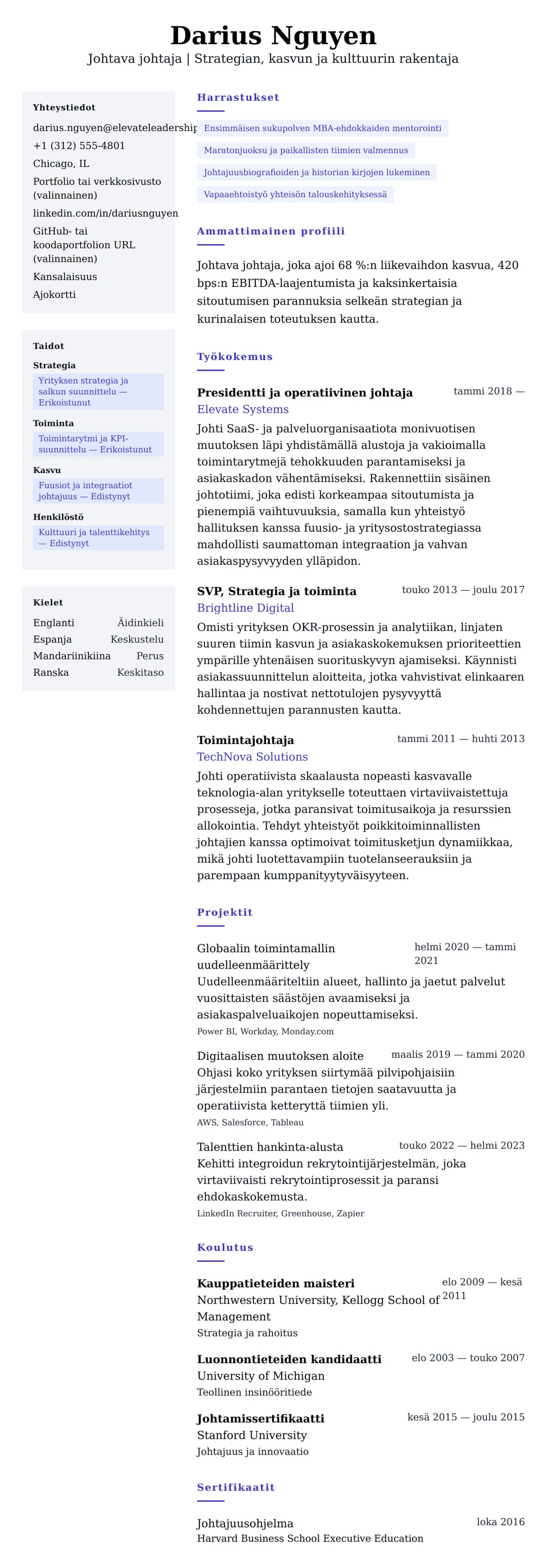 Ansioluetteloesikatselu kohteelle Johtava johtaja - CV-esimerkki