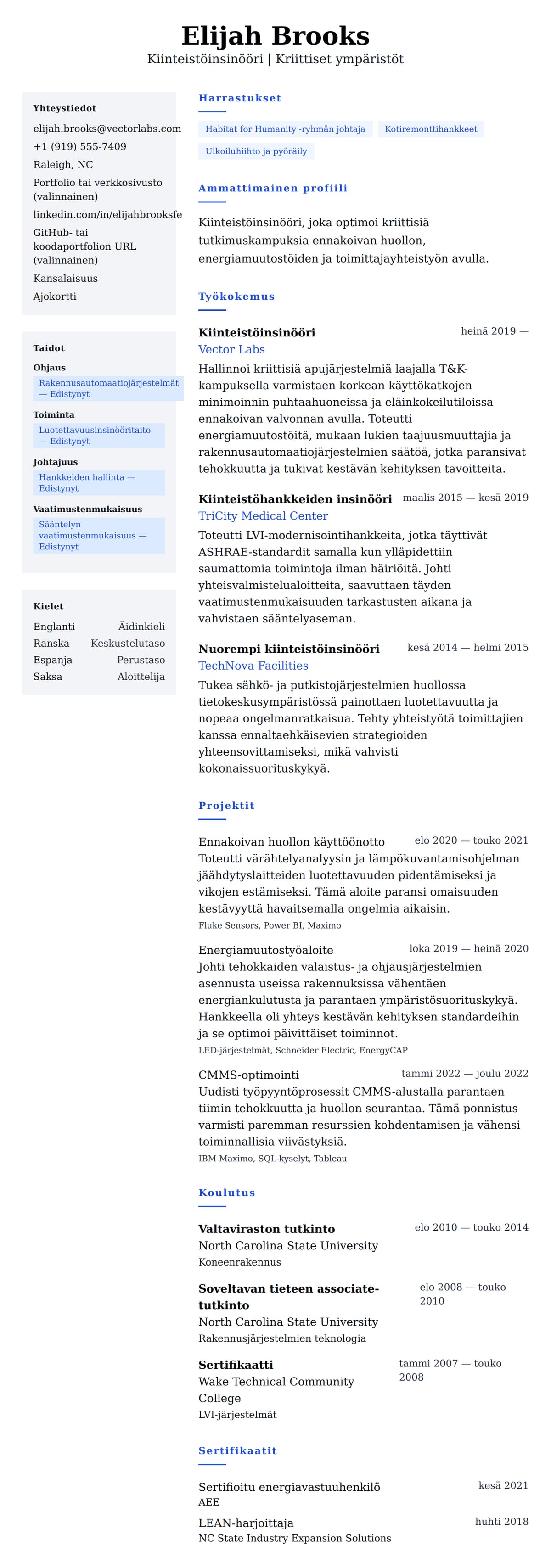 Ansioluetteloesikatselu kohteelle Kiinteistöinsinööri CV-esimerkki