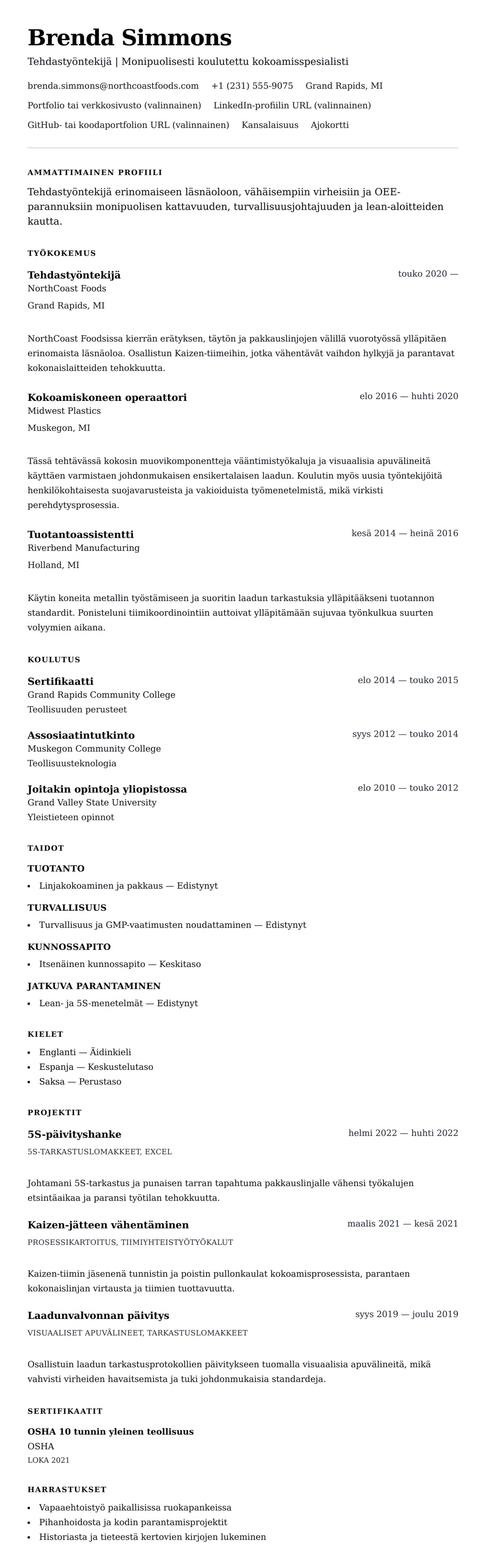 Ansioluetteloesikatselu kohteelle Tehdastyöntekijän ansioluettelo-esimerkki