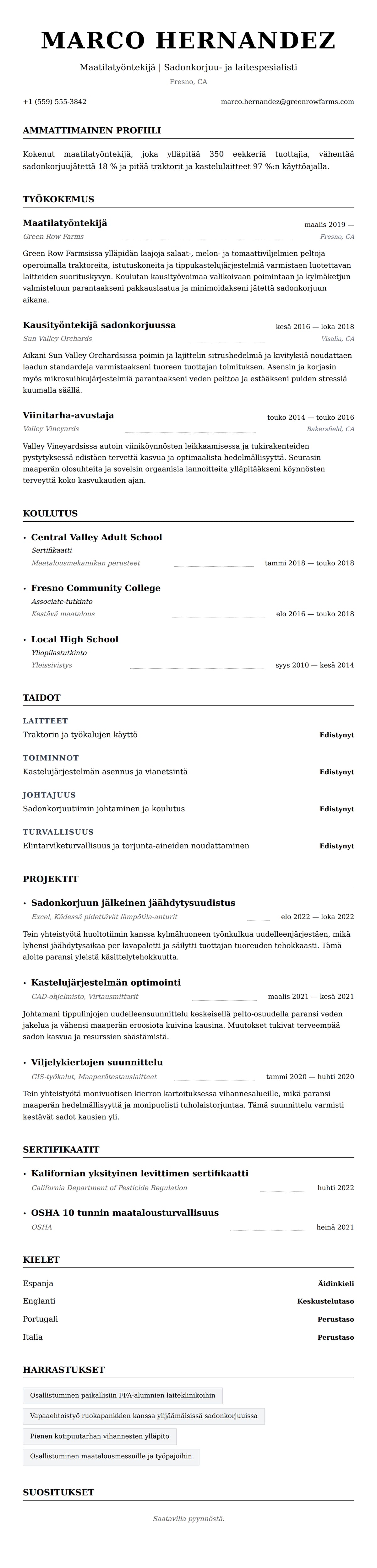Ansioluetteloesikatselu kohteelle Maatilatyöntekijän ansioluettelo esimerkki
