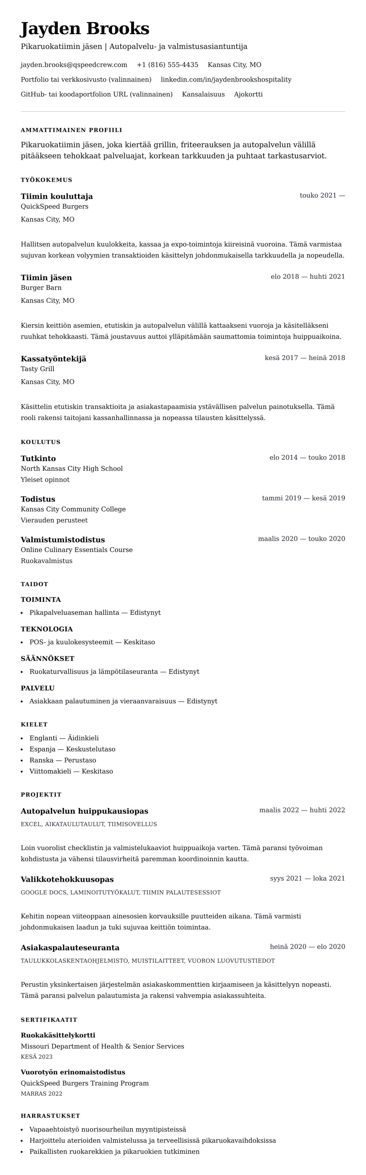 Ansioluetteloesikatselu kohteelle Pikaruokatyöntekijän ansioluettelon esimerkki