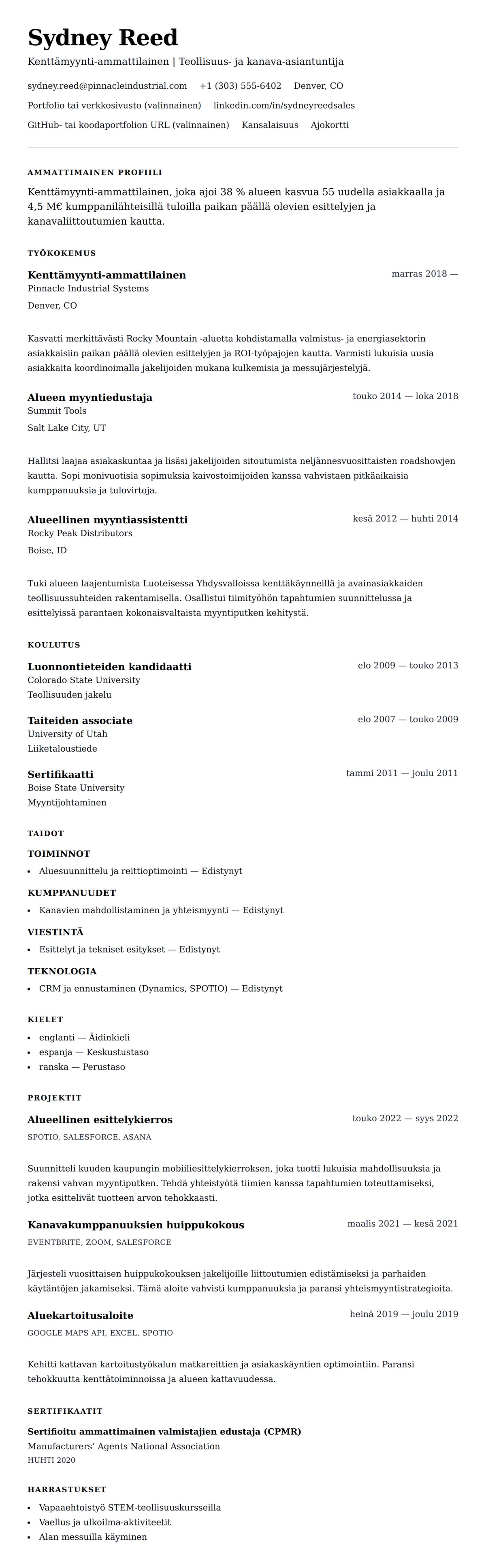 Ansioluetteloesikatselu kohteelle Kenttämyynti-ammattilaisen ansioluetteloesimerkki