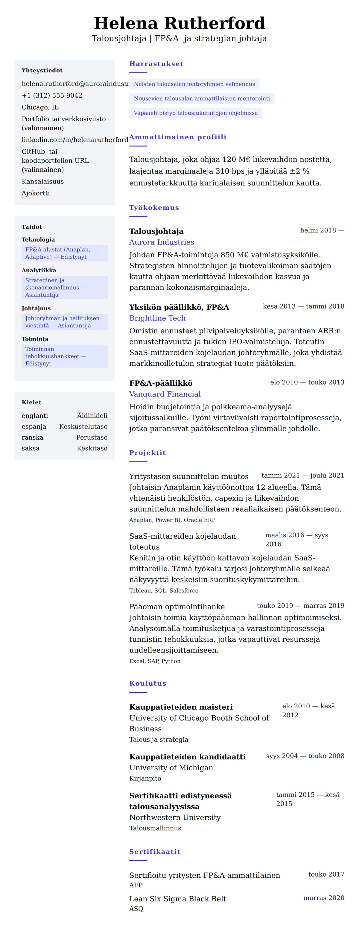 Ansioluetteloesikatselu kohteelle Talousjohtajan ansioluettelo esimerkki