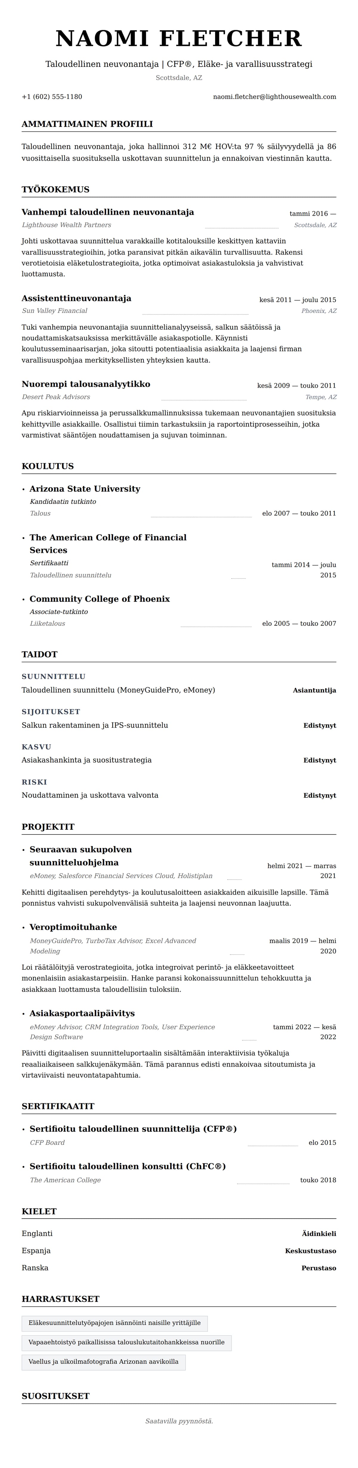 Ansioluetteloesikatselu kohteelle Taloudellisen neuvonantajan ansioluetteloesimerkki