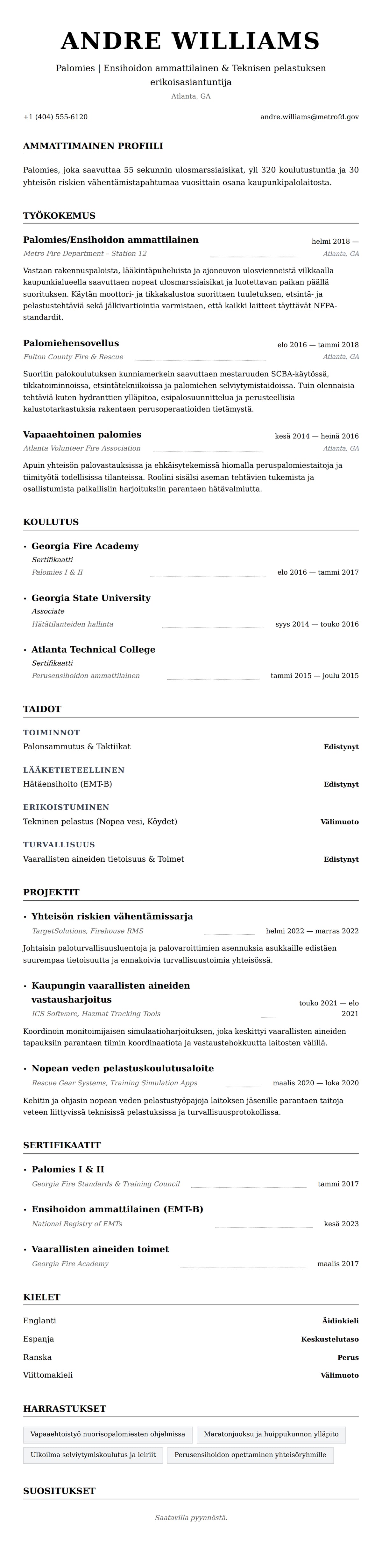 Ansioluetteloesikatselu kohteelle Palomiehen ansioluetteloesimerkki