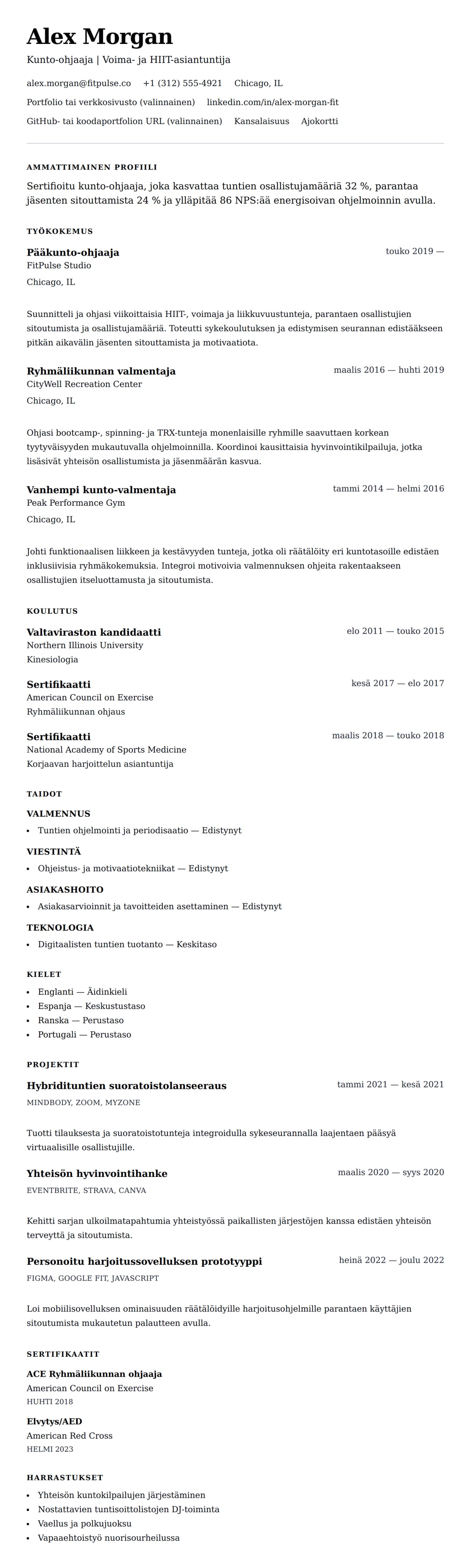 Ansioluetteloesikatselu kohteelle Kunto-ohjaajan ansioluetteloesimerkki
