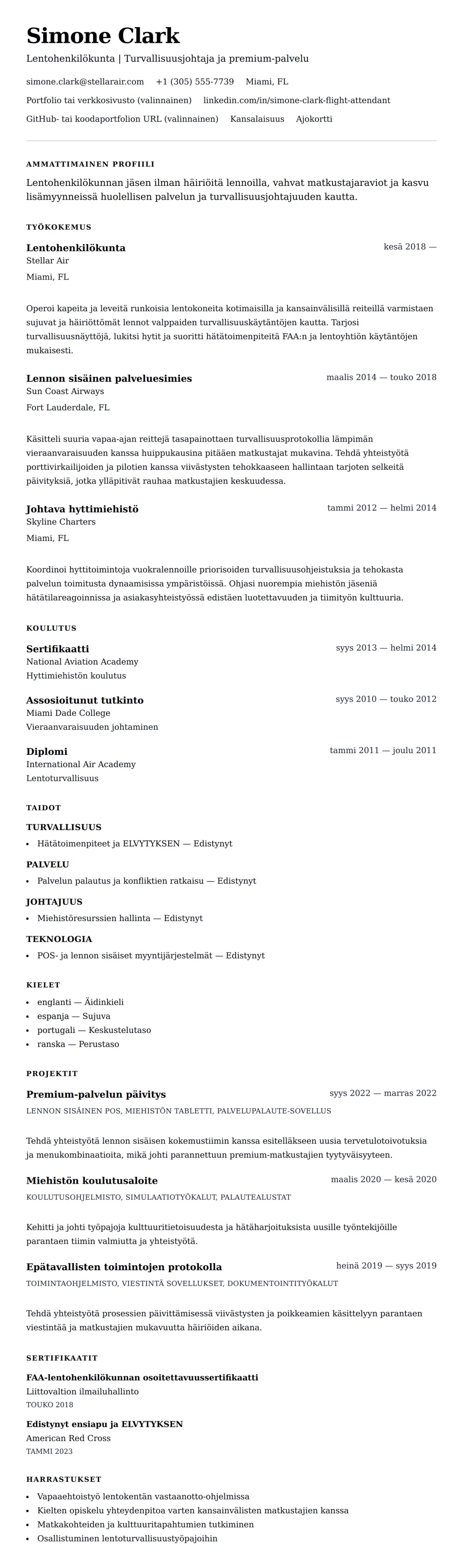 Ansioluetteloesikatselu kohteelle Lentohenkilökunnan CV-esimerkki