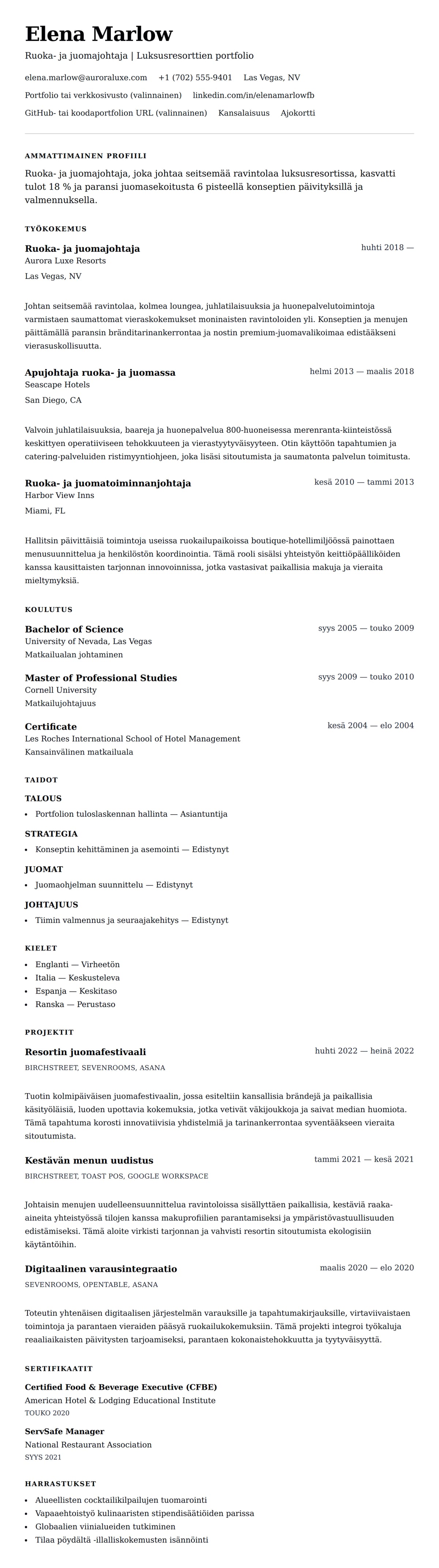 Ansioluetteloesikatselu kohteelle Ruoka- ja juomajohtajan ansioluettelo-esimerkki
