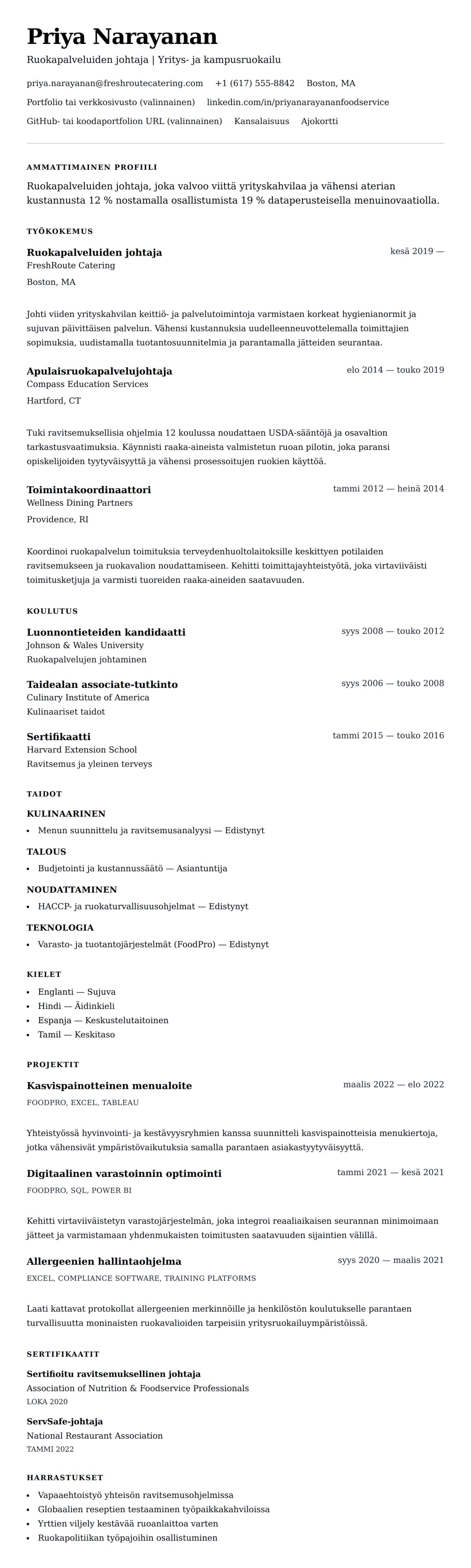 Ansioluetteloesikatselu kohteelle Ruokapalveluiden johtajan ansioluettelo-esimerkki