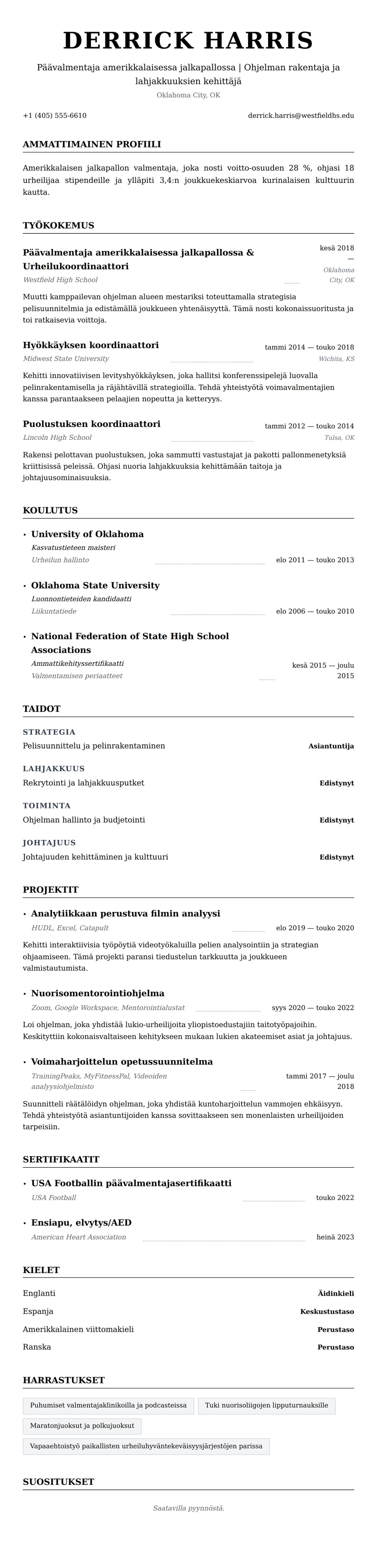 Ansioluetteloesikatselu kohteelle Amerikkalaisen jalkapallon valmentajan ansioluetteloesimerkki