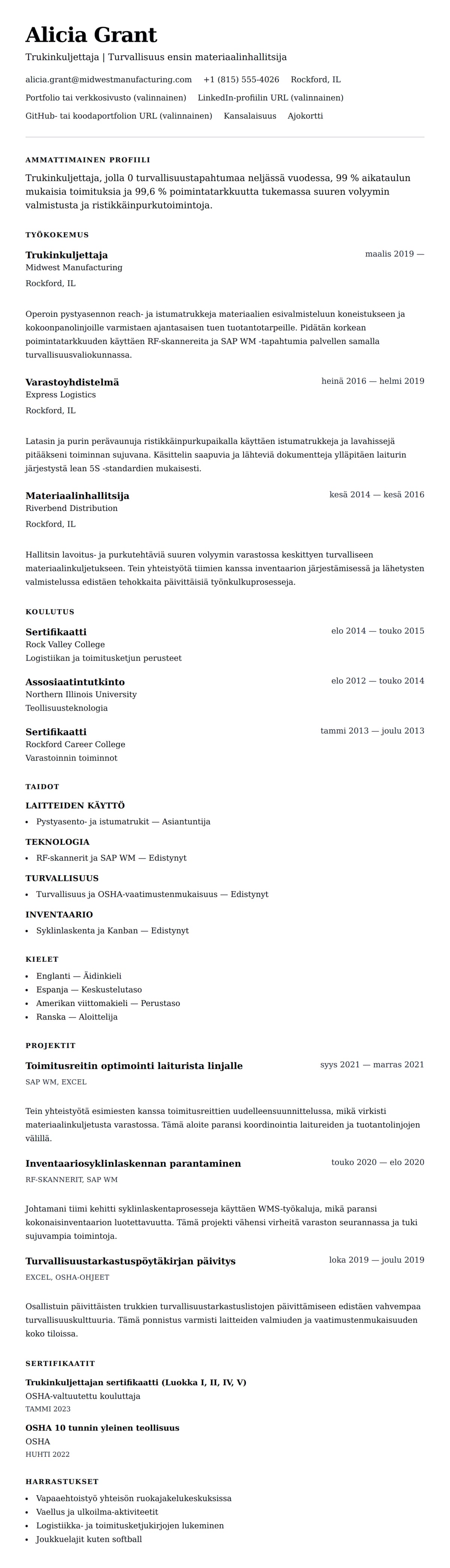 Ansioluetteloesikatselu kohteelle Trukinkuljettajan ansioluettelon esimerkki