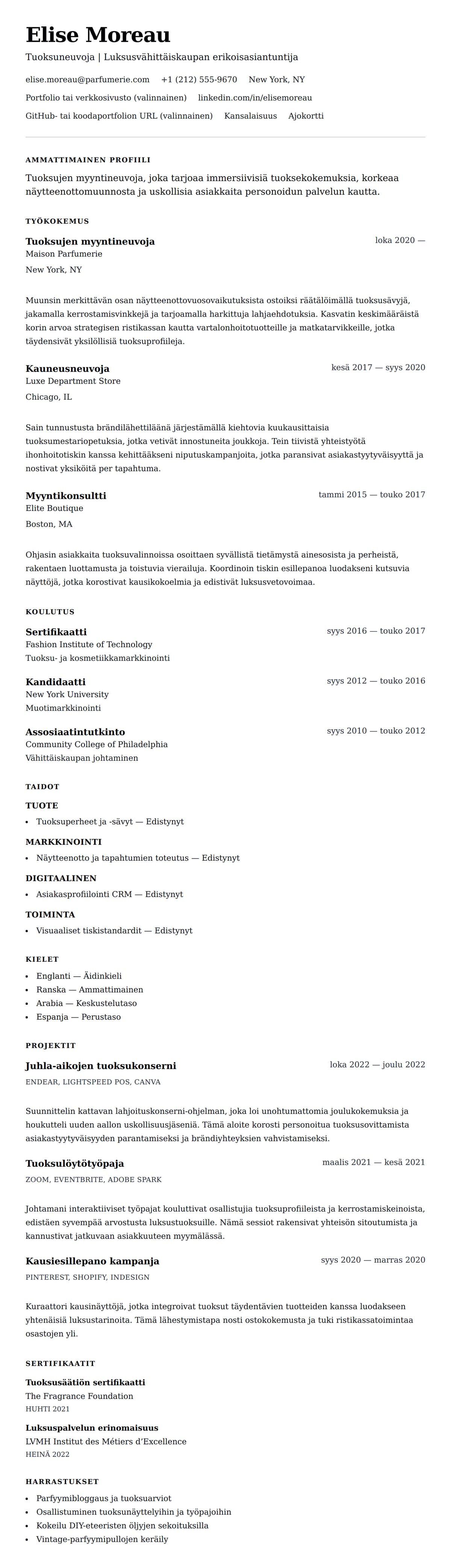 Ansioluetteloesikatselu kohteelle Tuoksujen myyntineuvojan ansioluetteloesimerkki