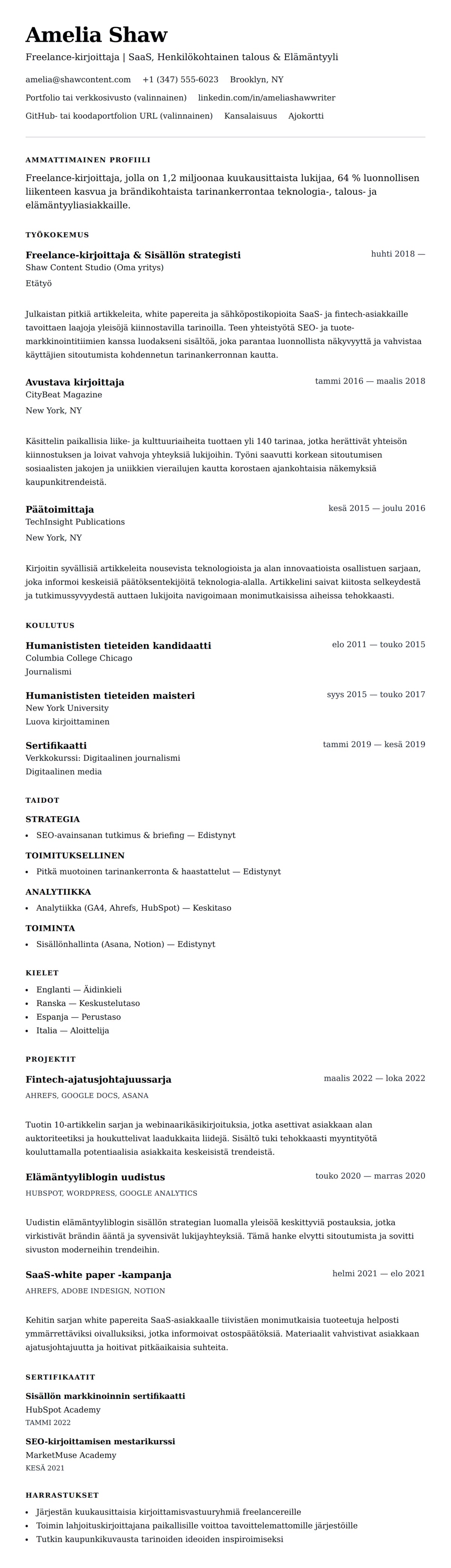 Ansioluetteloesikatselu kohteelle Freelance-kirjoittajan CV-esimerkki