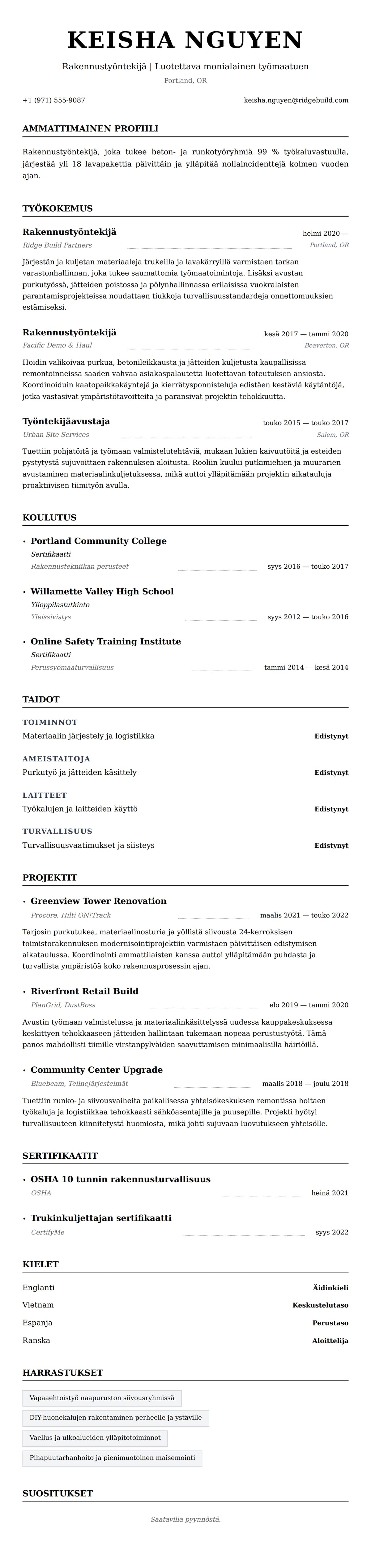 Ansioluetteloesikatselu kohteelle Rakennustyöntekijän ansioluettelon esimerkki