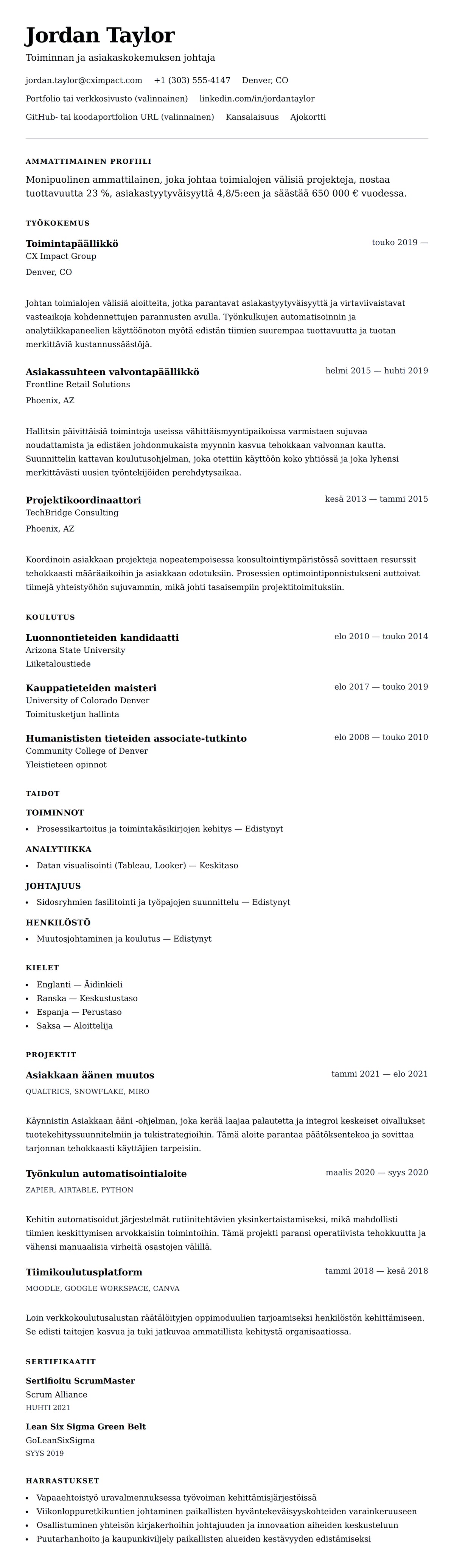 Ansioluetteloesikatselu kohteelle Yleinen ansioluettelo - Esimerkki