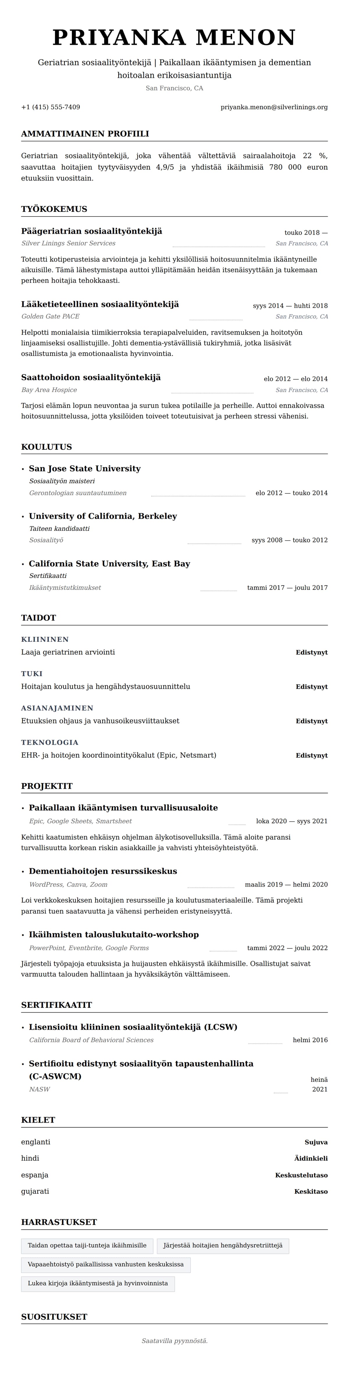 Ansioluetteloesikatselu kohteelle Geriatrian sosiaalityöntekijän ansioluetteloesimerkki