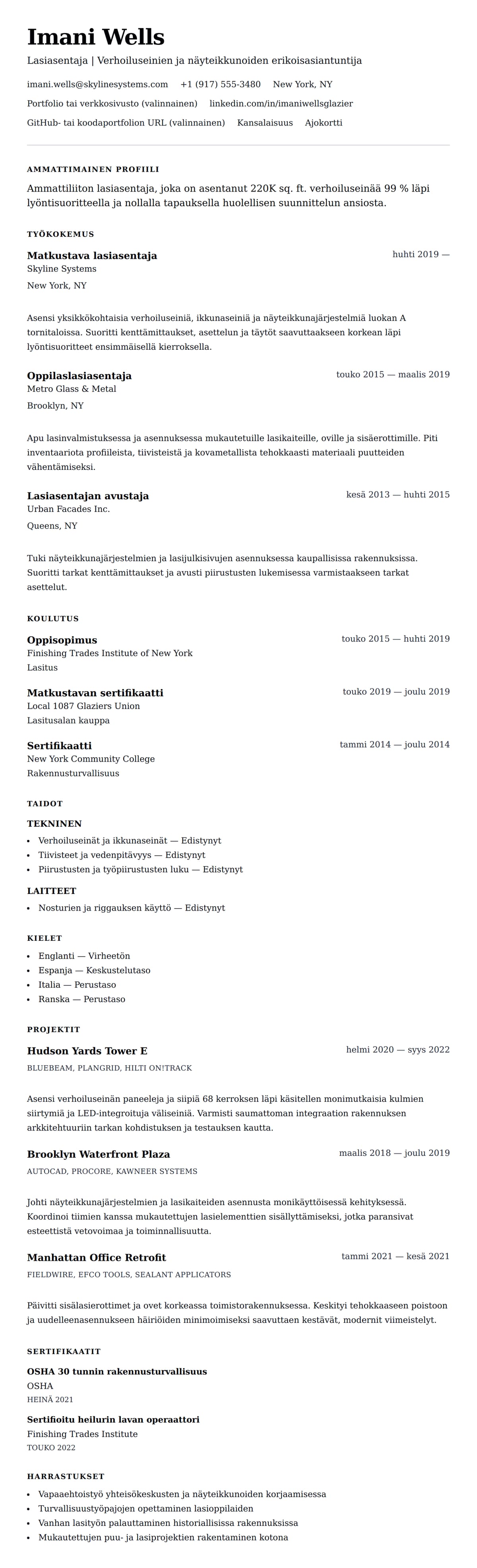 Ansioluetteloesikatselu kohteelle Esimerkki lasiasentajan ansioluettelosta