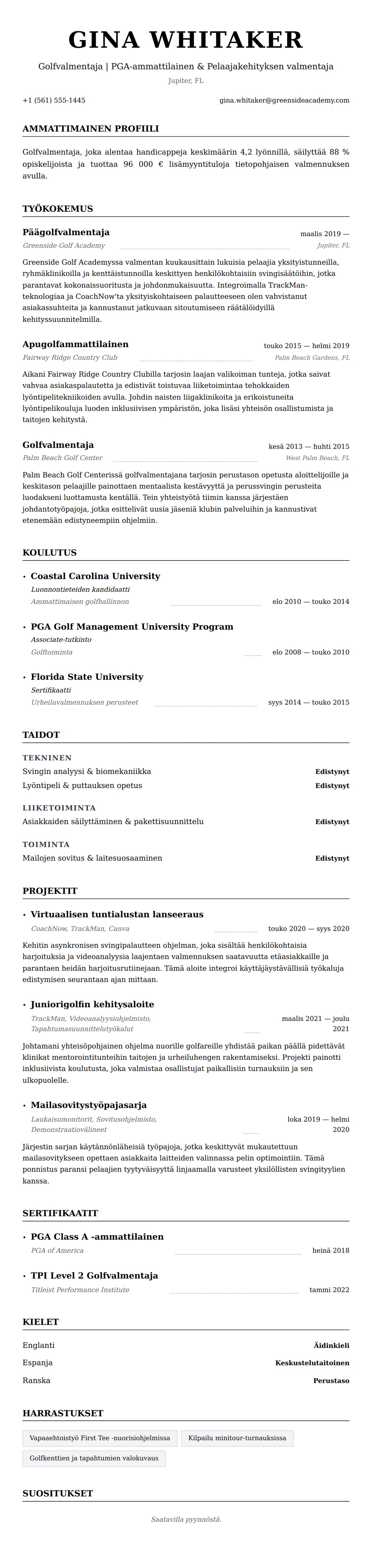 Ansioluetteloesikatselu kohteelle Golfvalmentajan CV-esimerkki