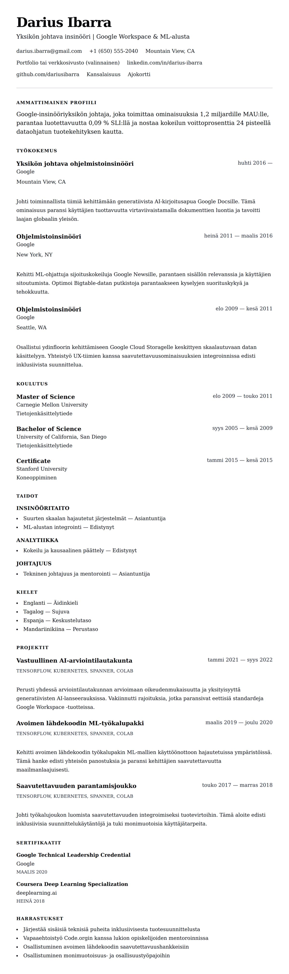 Ansioluetteloesikatselu kohteelle Google CV Esimerkki