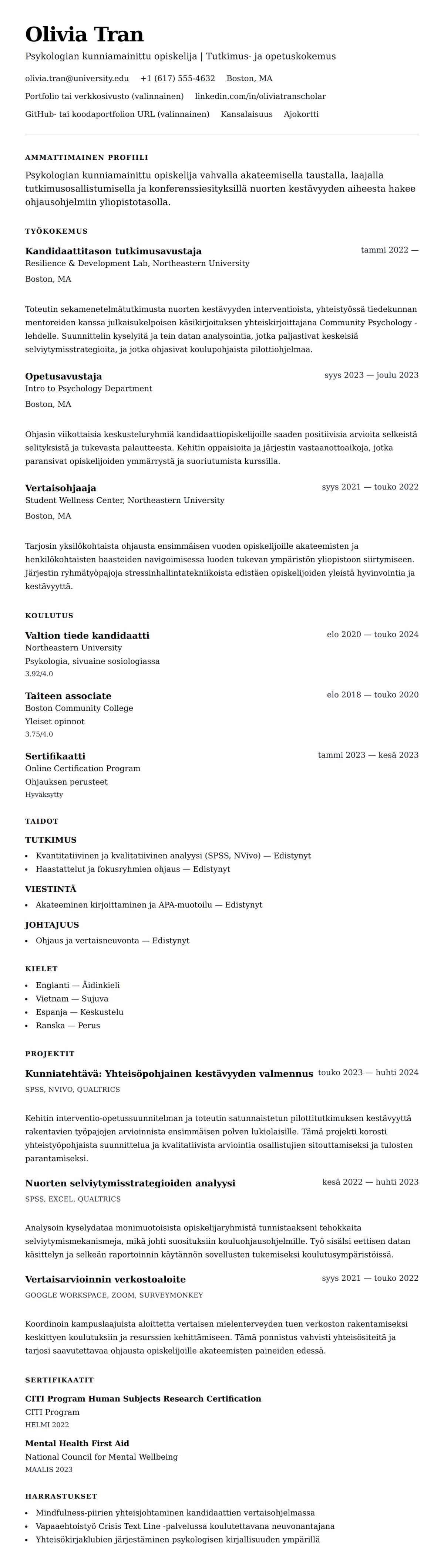 Ansioluetteloesikatselu kohteelle Yliopistotutkintoa hakevan ansioluettelo-esimerkki