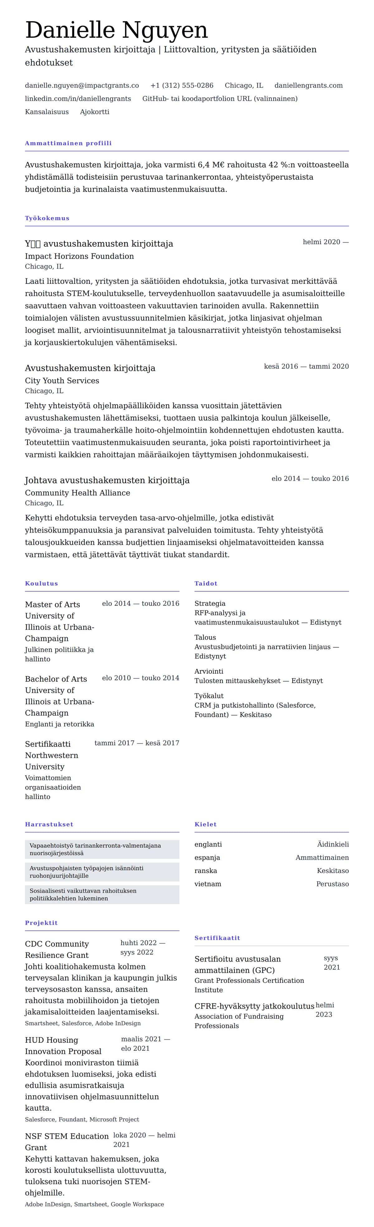 Ansioluetteloesikatselu kohteelle Avustushakemusten kirjoittajan ansioluetteloesimerkki