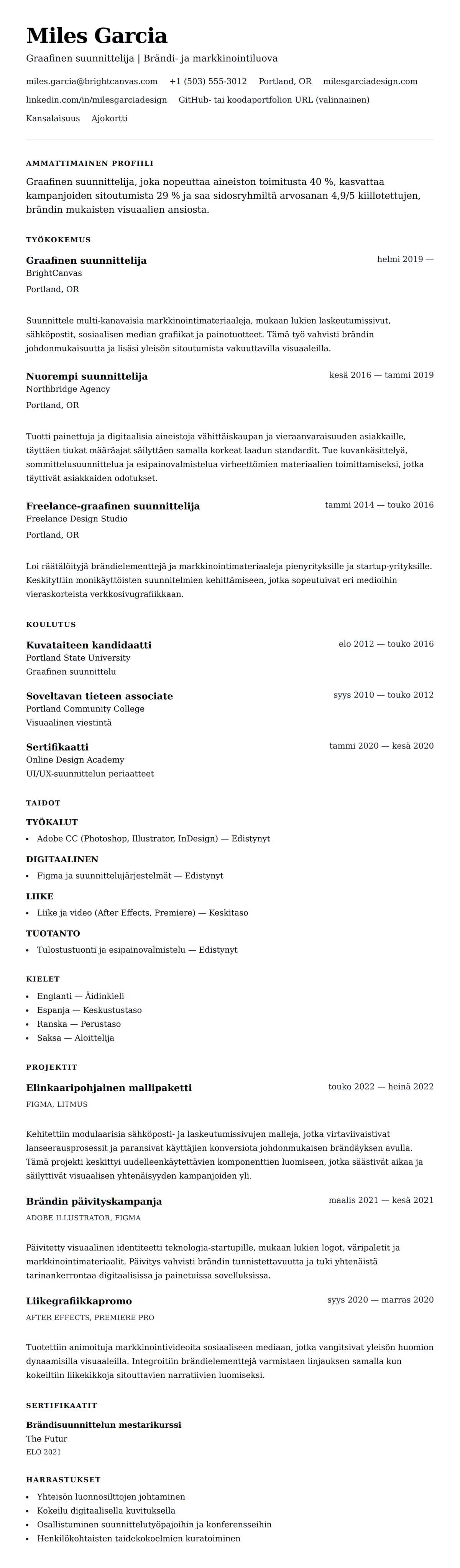 Ansioluetteloesikatselu kohteelle Graafisen suunnittelijan ansioluetteloesimerkki