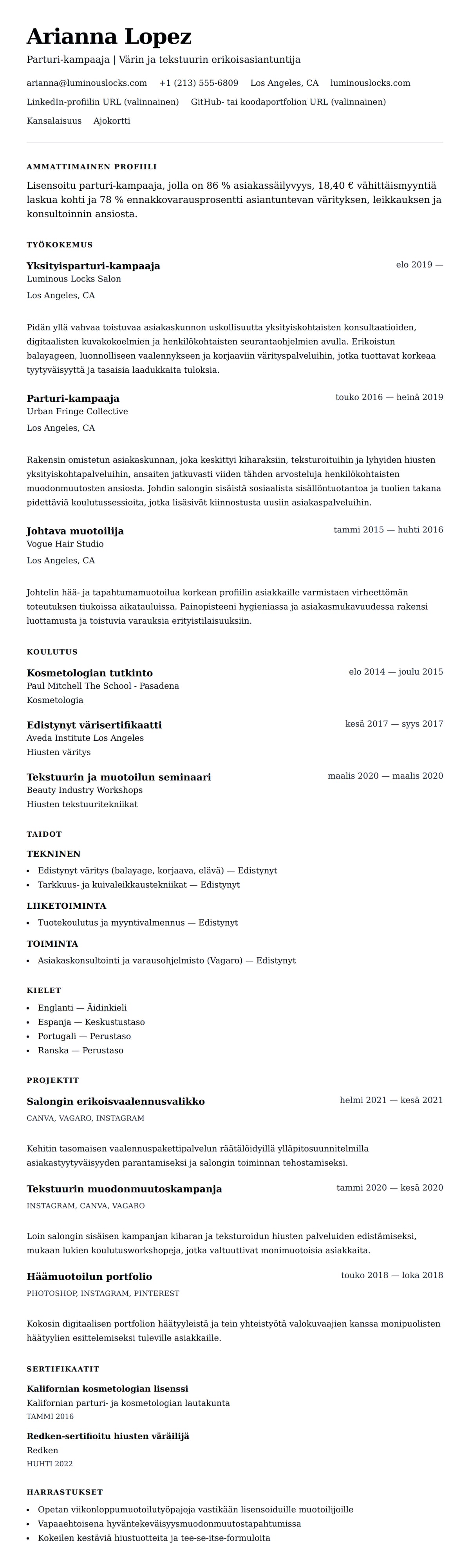 Ansioluetteloesikatselu kohteelle Parturi-kampaajan ansioluettelo-esimerkki