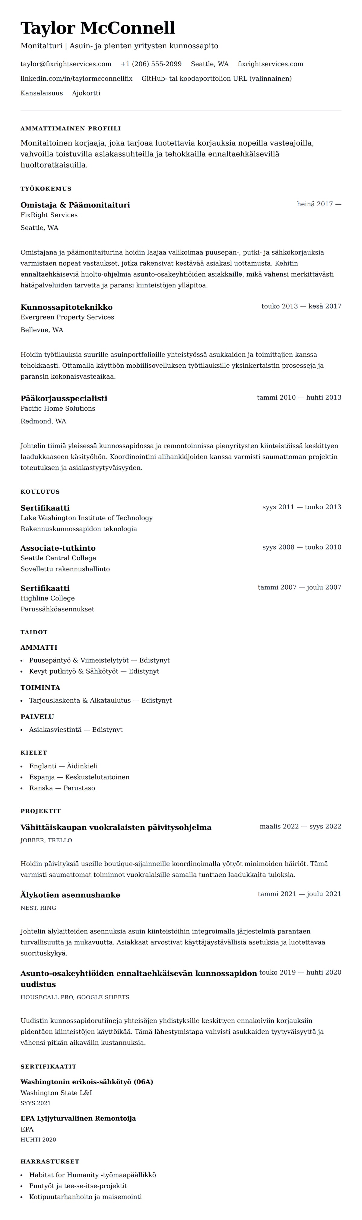 Ansioluetteloesikatselu kohteelle Monitaiturin ansioluettelo-esimerkki