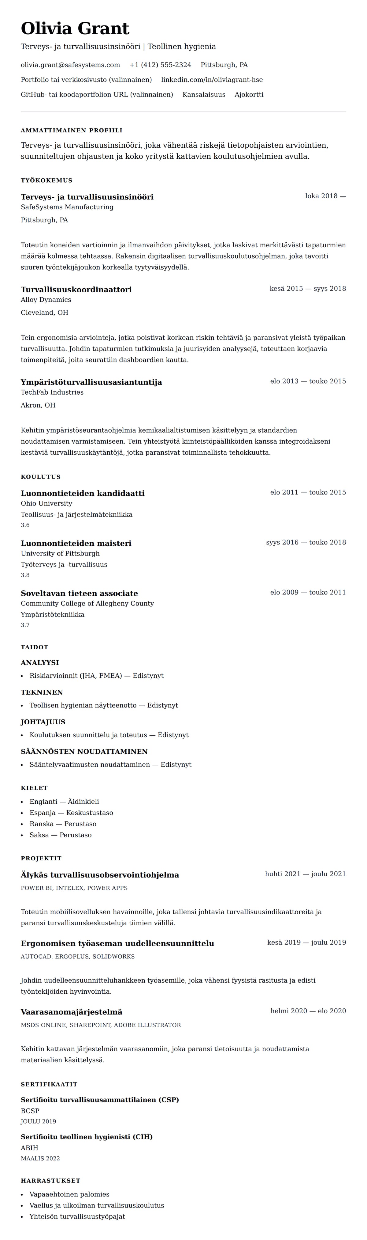 Ansioluetteloesikatselu kohteelle Terveys- ja turvallisuusinsinöörin ansioluetteloesimerkki