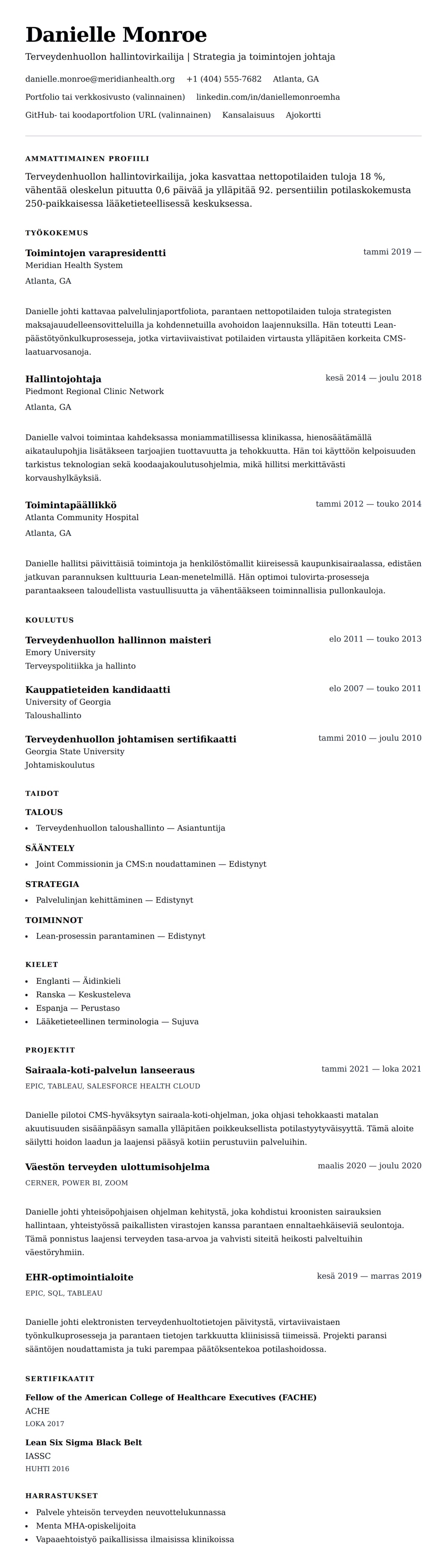 Ansioluetteloesikatselu kohteelle Terveydenhuollon hallinnon ansioluetteloesimerkki