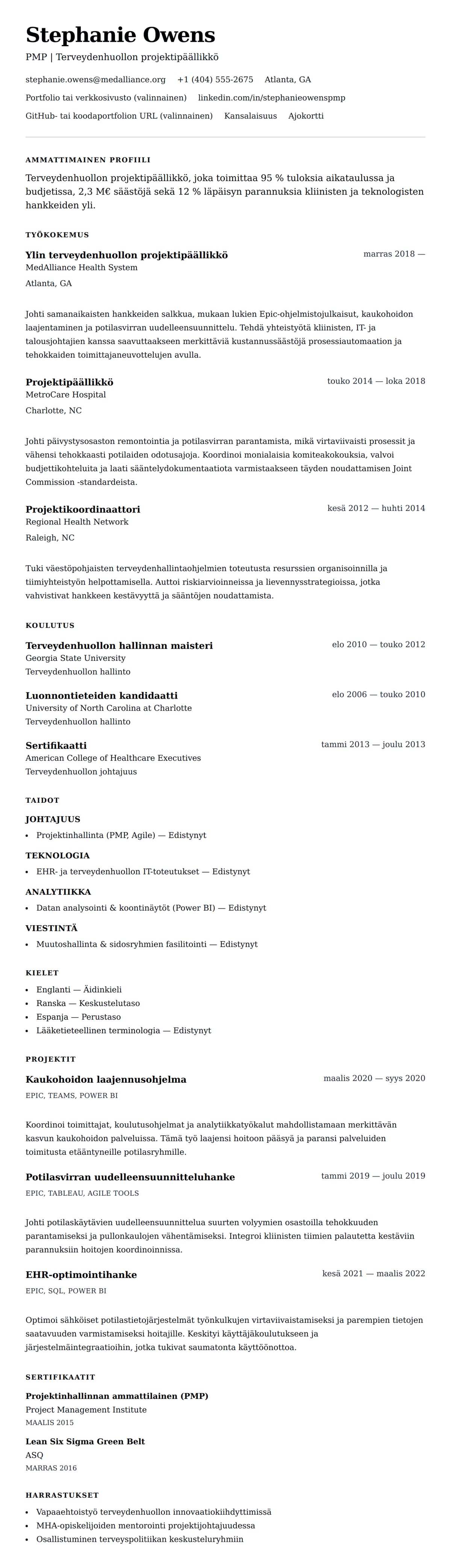 Ansioluetteloesikatselu kohteelle Terveydenhuollon projektipäällikön ansioluetteloesimerkki