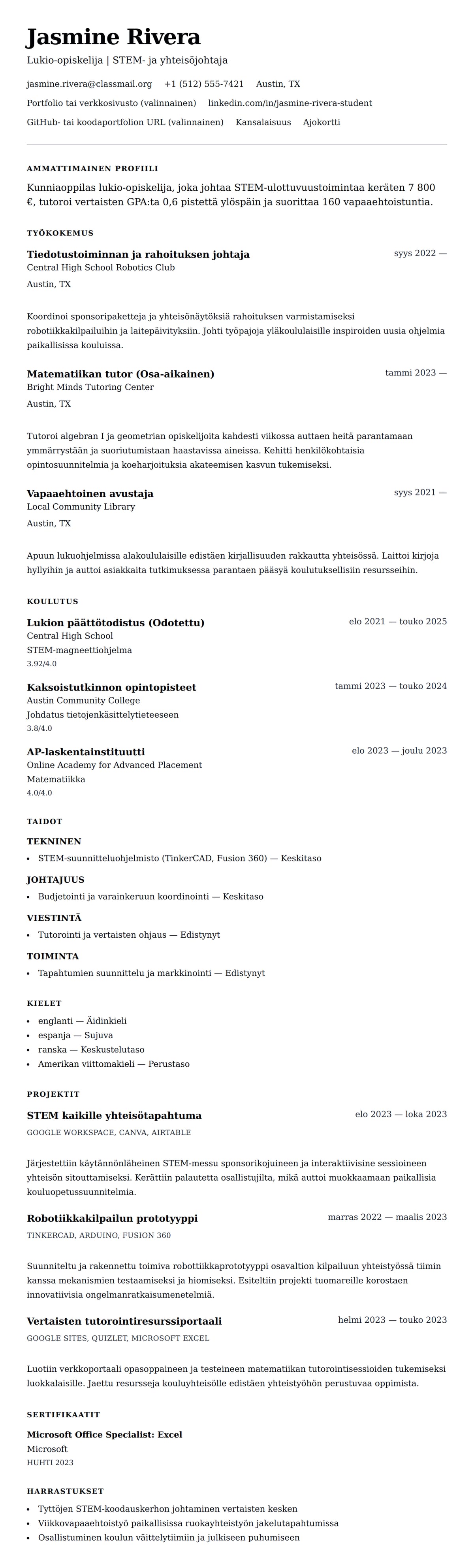 Ansioluetteloesikatselu kohteelle Lukio-opiskelijan ansioluetteloesimerkki