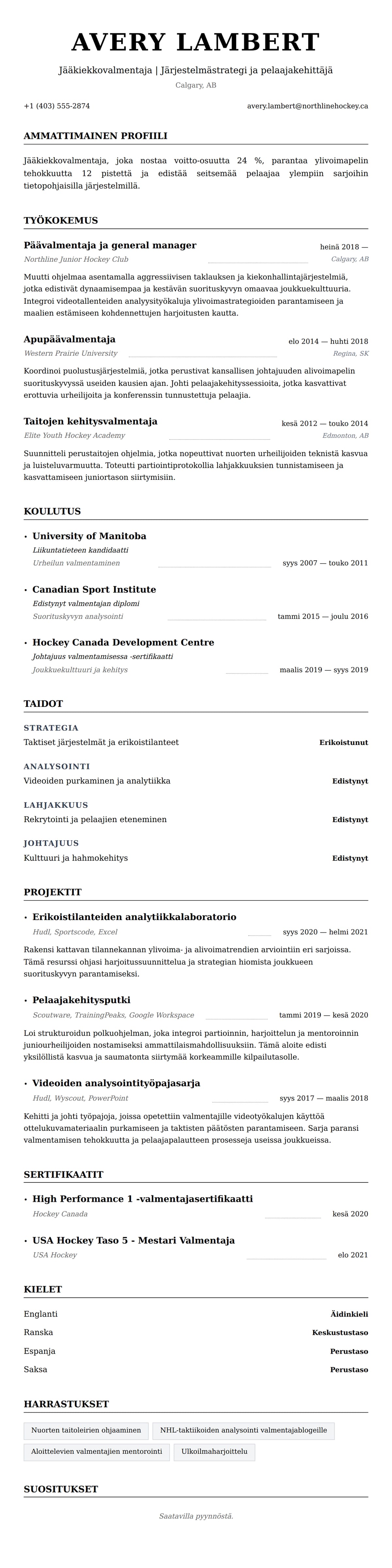 Ansioluetteloesikatselu kohteelle Jääkiekkovalmentajan CV-esimerkki