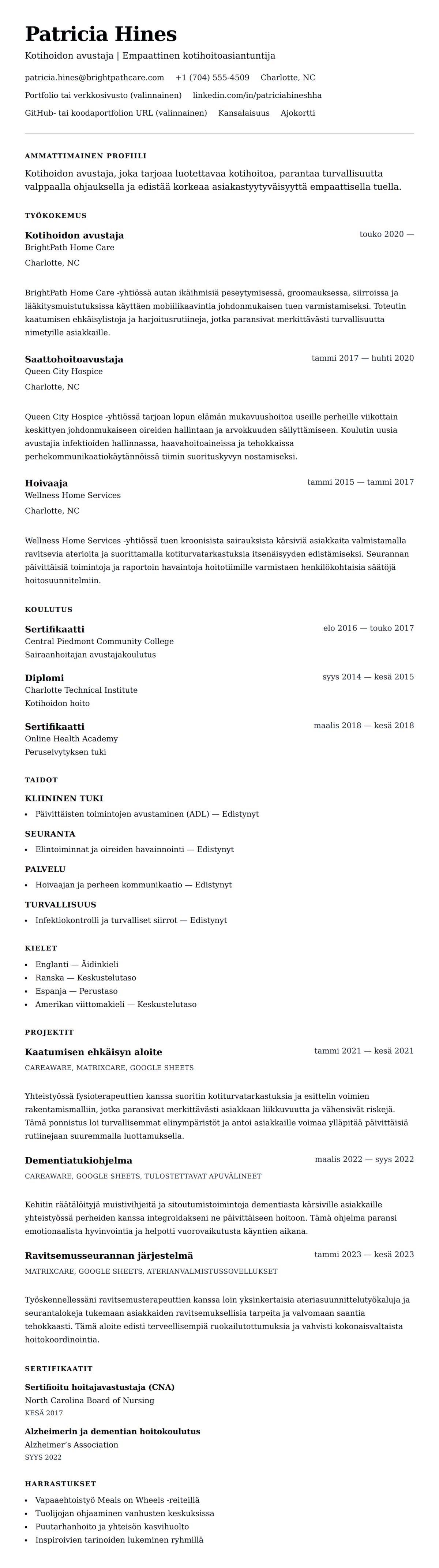 Ansioluetteloesikatselu kohteelle Kotihoidon avustajan ansioluettelo esimerkki