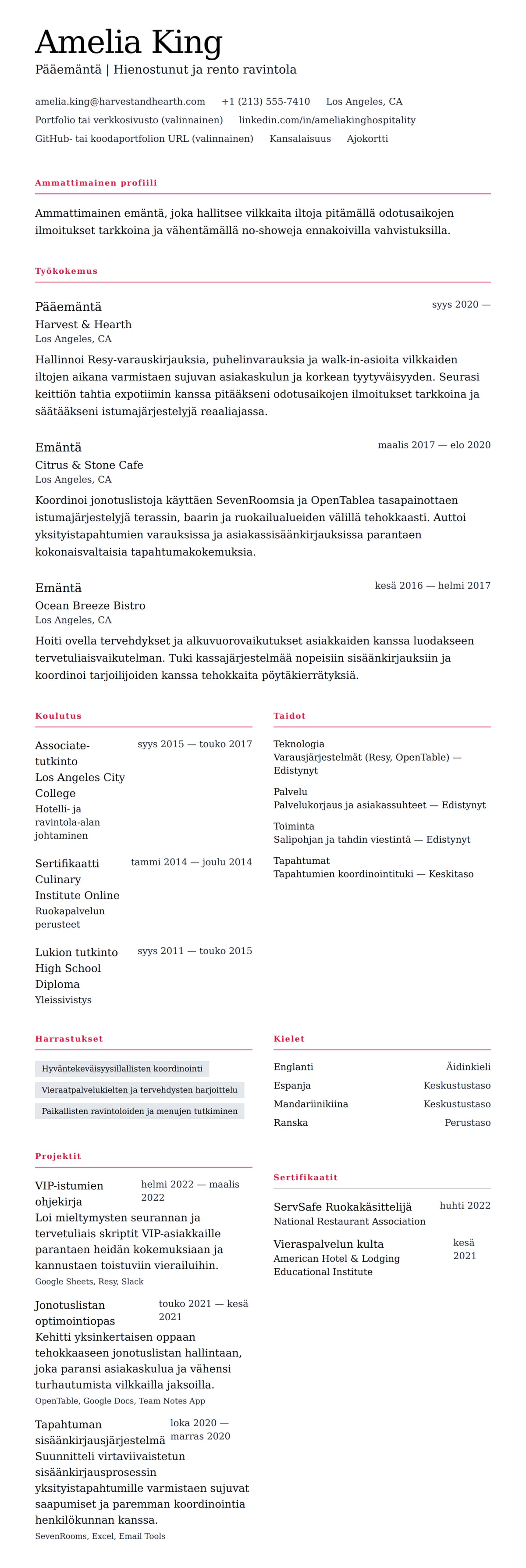 Ansioluetteloesikatselu kohteelle Emännän ansioluetteloesimerkki