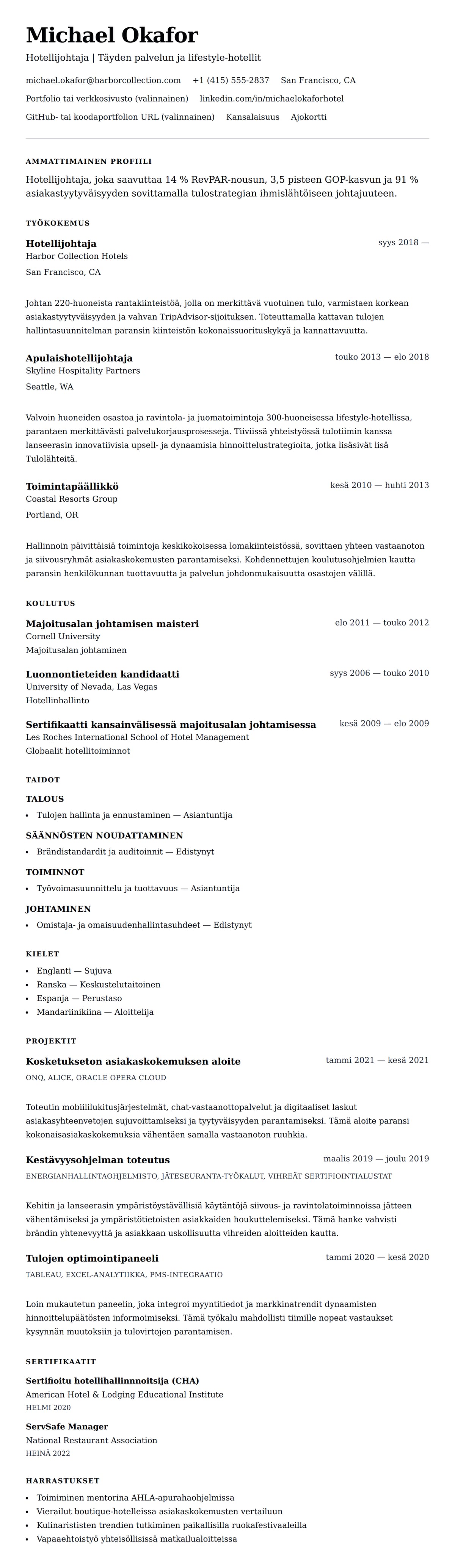 Ansioluetteloesikatselu kohteelle Hotellijohtamisen ansioluetteloesimerkki