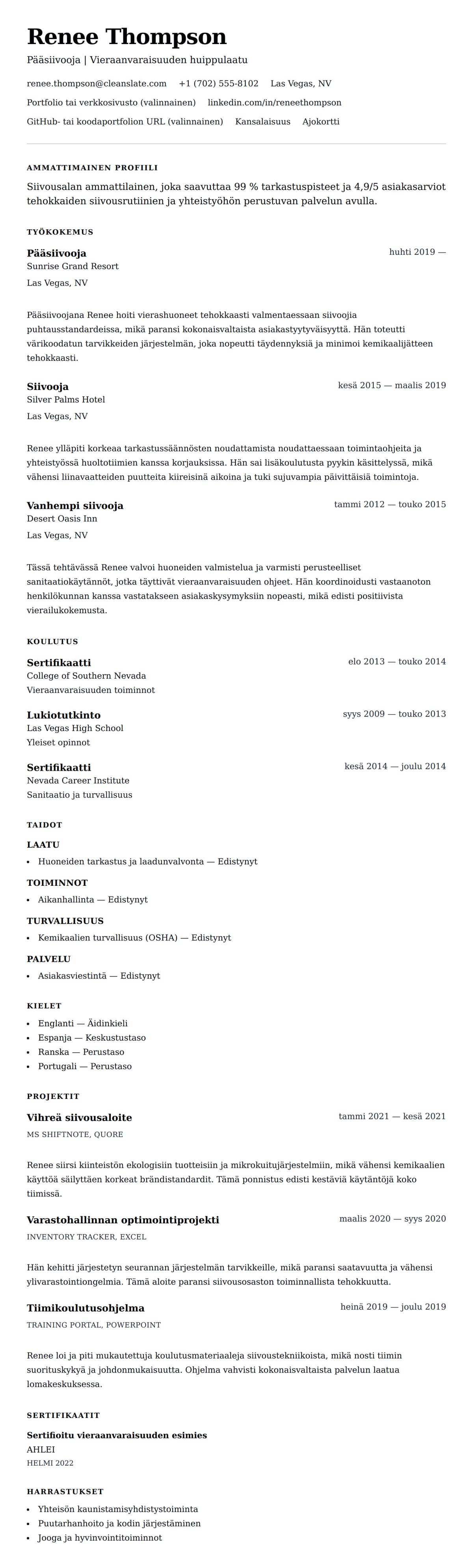 Ansioluetteloesikatselu kohteelle Siivoustyöntekijän ansioluetteloesimerkki