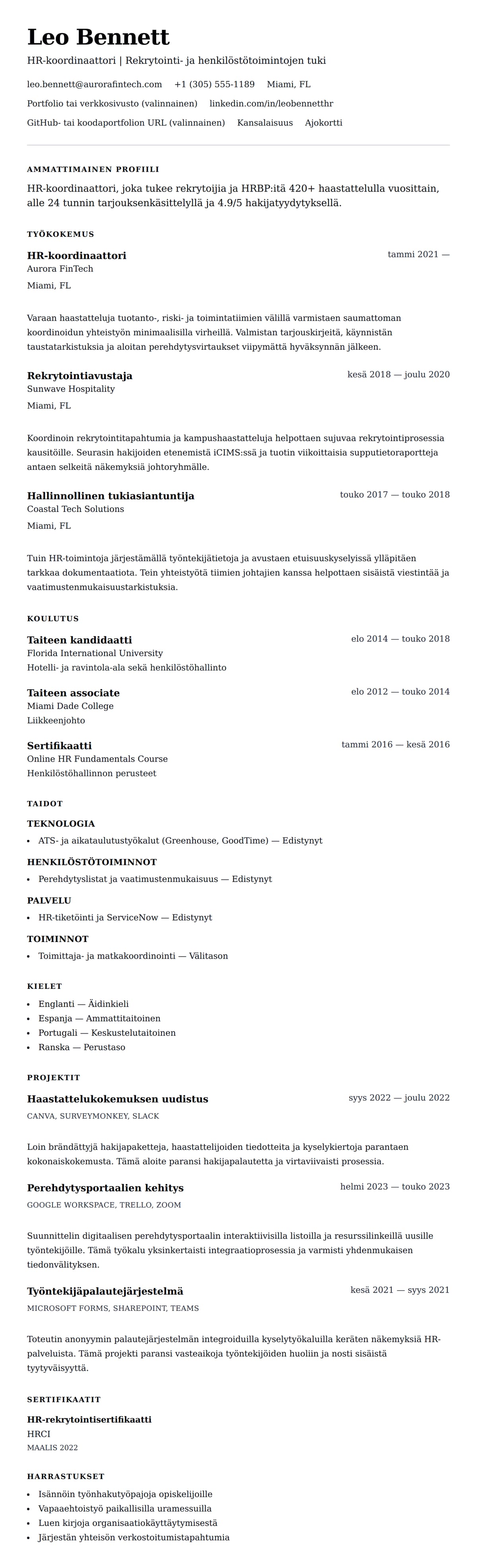 Ansioluetteloesikatselu kohteelle HR-koordinaattorin ansioluetteloesimerkki